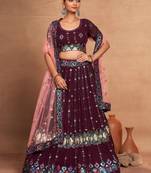 Wine Embroidered Georgette Bridesmaid Lehenga Choli