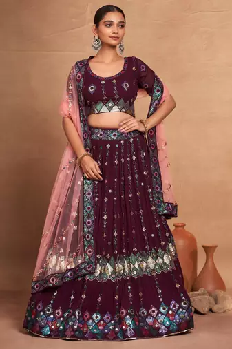 wine embroidered georgette lehenga set choli with dupatta