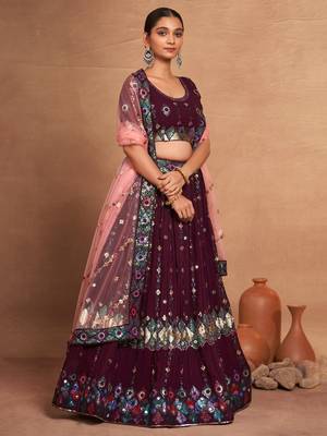 wine embroidered georgette lehenga set choli with dupatta 4