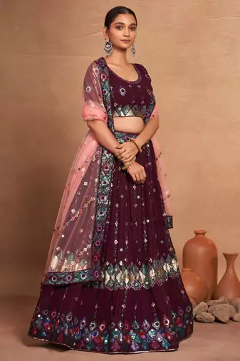 wine embroidered georgette lehenga set choli with dupatta