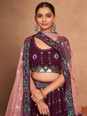 wine embroidered georgette lehenga set choli with dupatta 5