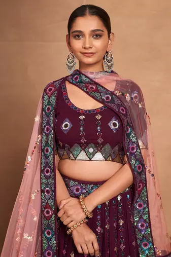 wine embroidered georgette lehenga set choli with dupatta