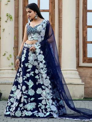 Navy Blue Floral Embroidered Lehenga Choli Set 1