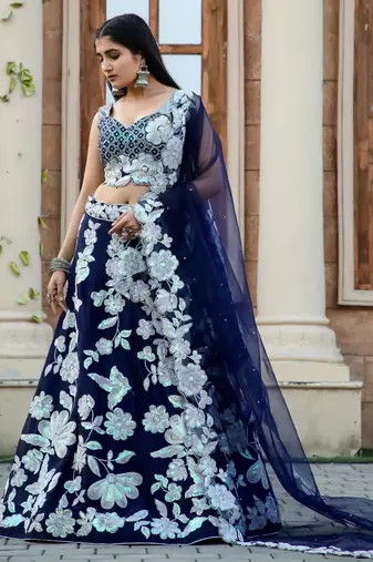 Navy Blue Floral Embroidered Lehenga Choli Set