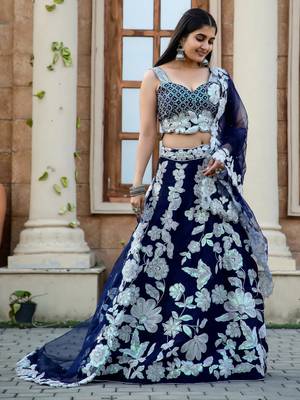 Navy Blue Floral Embroidered Lehenga Choli Set 3