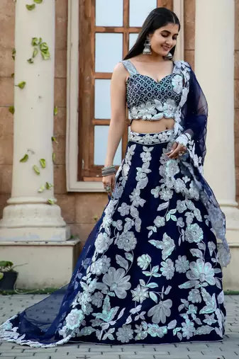 Navy Blue Floral Embroidered Lehenga Choli Set