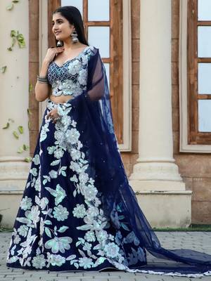 Navy Blue Floral Embroidered Lehenga Choli Set 4