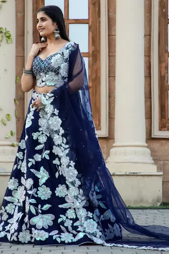 Navy Blue Floral Embroidered Lehenga Choli Set