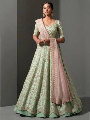 pista green thread work silk lehenga set choli with dupatta 1