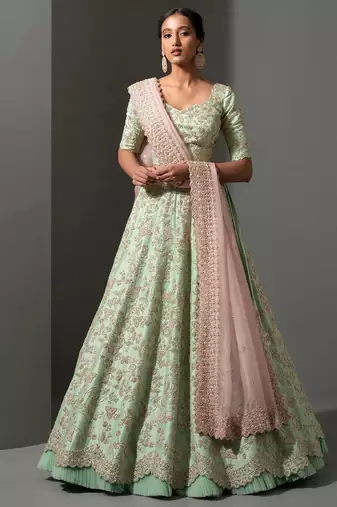 pista green thread work silk lehenga set choli with dupatta