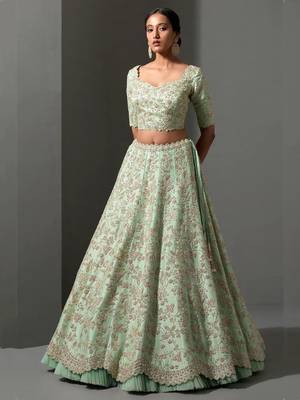 pista green thread work silk lehenga set choli with dupatta 3