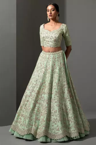 pista green thread work silk lehenga set choli with dupatta