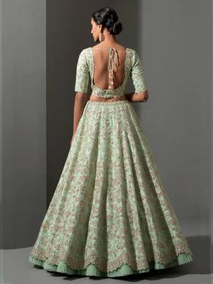 pista green thread work silk lehenga set choli with dupatta 4