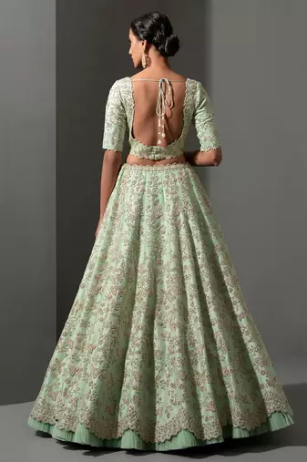 pista green thread work silk lehenga set choli with dupatta