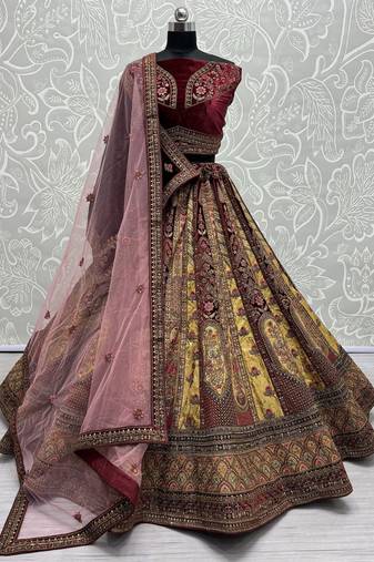 Maroon Velvet Bridal Lehenga Choli With Double Dupatta