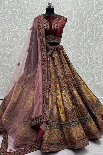 Maroon & Golden Velvet Bridal Lehenga Choli With Double Dupatta