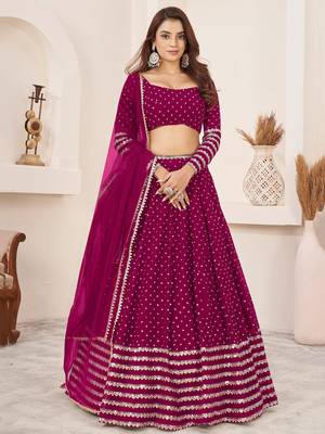 rani pink color sequins georgette lehenga set choli with dupatta 1