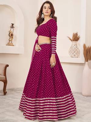rani pink color sequins georgette lehenga set choli with dupatta 3