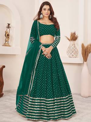 green color sequins work georgette lehenga set choli with dupatta 2