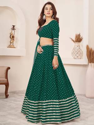 green color sequins work georgette lehenga set choli with dupatta 3