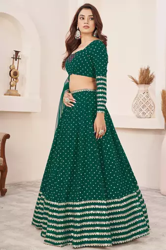 green color sequins work georgette lehenga set choli with dupatta