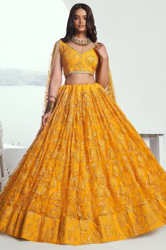 Yellow Color Embroidered Net Function Wear Lehenga Choli
