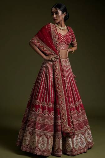 Red Sequins Work Silk Wedding Wear Lehenga Choli With Dupatta