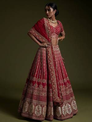 red sequins work silk lehenga set choli with dupatta with dupatta 2