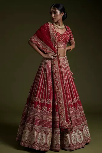 red sequins work silk lehenga set choli with dupatta with dupatta