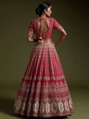 red sequins work silk lehenga set choli with dupatta with dupatta 3