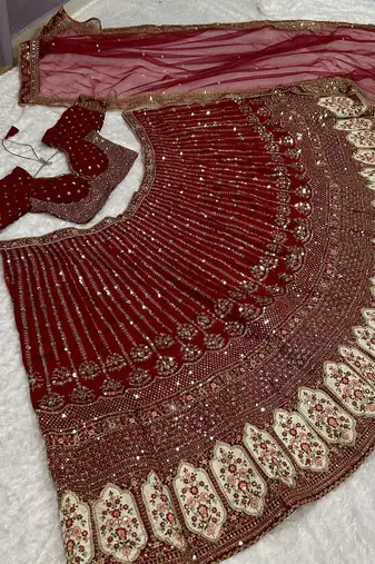 red sequins work silk lehenga set choli with dupatta with dupatta