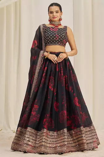 black sequins organza event lehenga set choli with dupatta with dupatta
