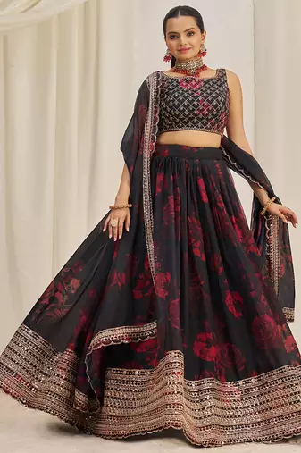 black sequins organza event lehenga set choli with dupatta with dupatta