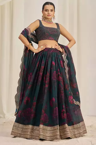 teal green organza lehenga set choli with dupatta with dupatta