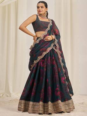 teal green organza lehenga set choli with dupatta with dupatta 4