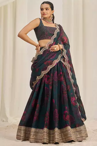teal green organza lehenga set choli with dupatta with dupatta