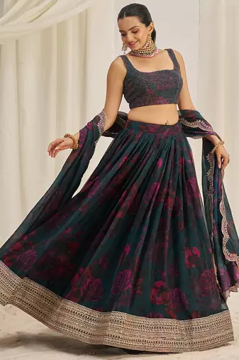 teal green organza lehenga set choli with dupatta with dupatta