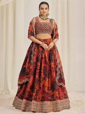 orange sequins organza party lehenga set choli with dupatta with dupatta 1
