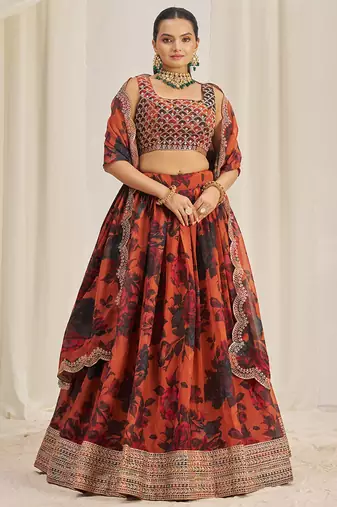 orange sequins organza party lehenga set choli with dupatta with dupatta