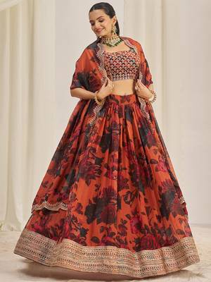 orange sequins organza party lehenga set choli with dupatta with dupatta 4