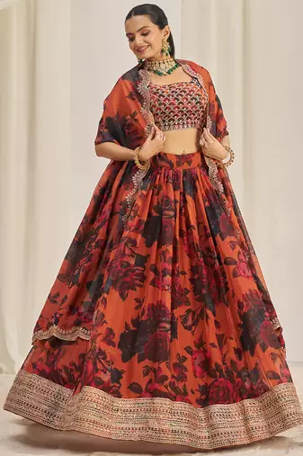 orange sequins organza party lehenga set choli with dupatta with dupatta