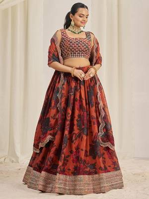 orange sequins organza party lehenga set choli with dupatta with dupatta 5