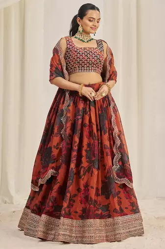 orange sequins organza party lehenga set choli with dupatta with dupatta