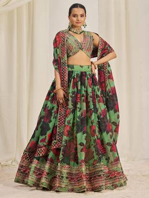 green sequins organza event lehenga set choli with dupatta with dupatta 1