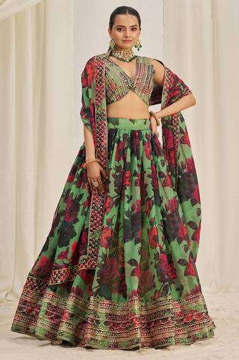 Green Sequins Organza Event Wear Lehenga Choli With Dupatta