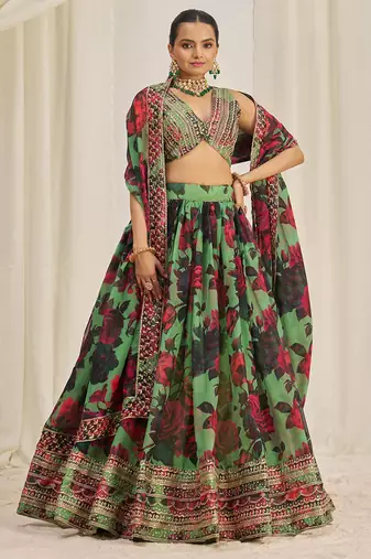 green sequins organza event lehenga set choli with dupatta with dupatta