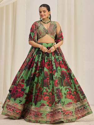 green sequins organza event lehenga set choli with dupatta with dupatta 4