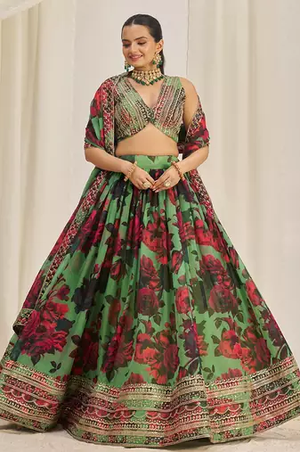 green sequins organza event lehenga set choli with dupatta with dupatta