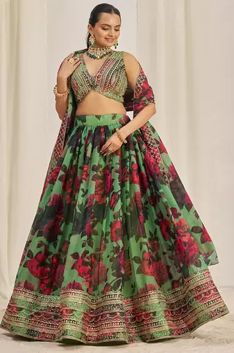 green sequins organza event lehenga set choli with dupatta with dupatta