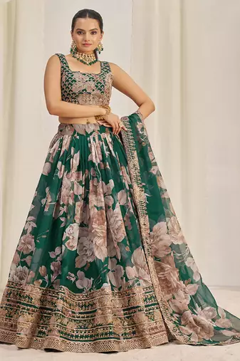 green sequins organza festival lehenga set choli with dupatta with dupatta